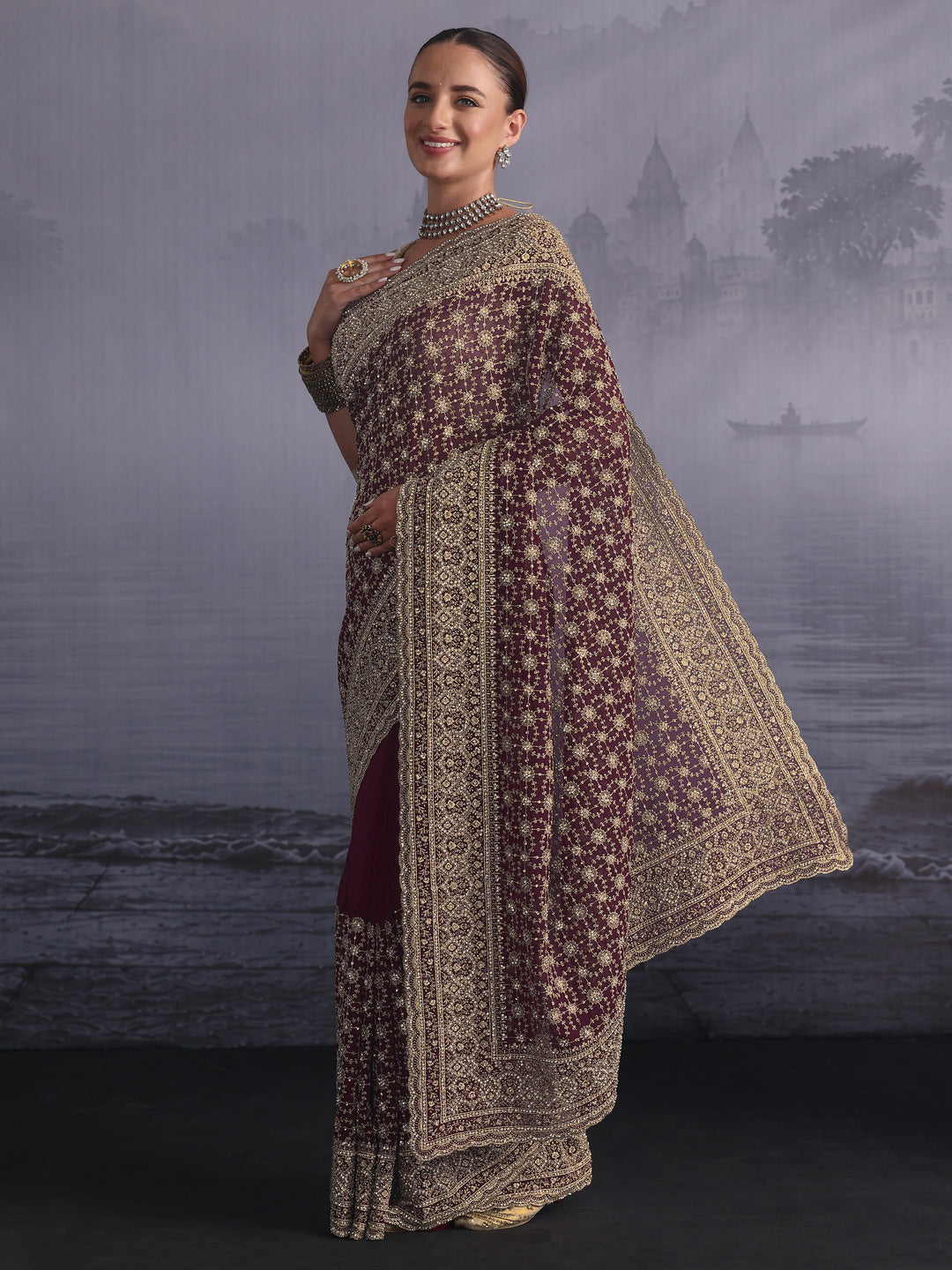  Libas Art Maroon Floral Embroidered Georgette Saree with Stone Work 