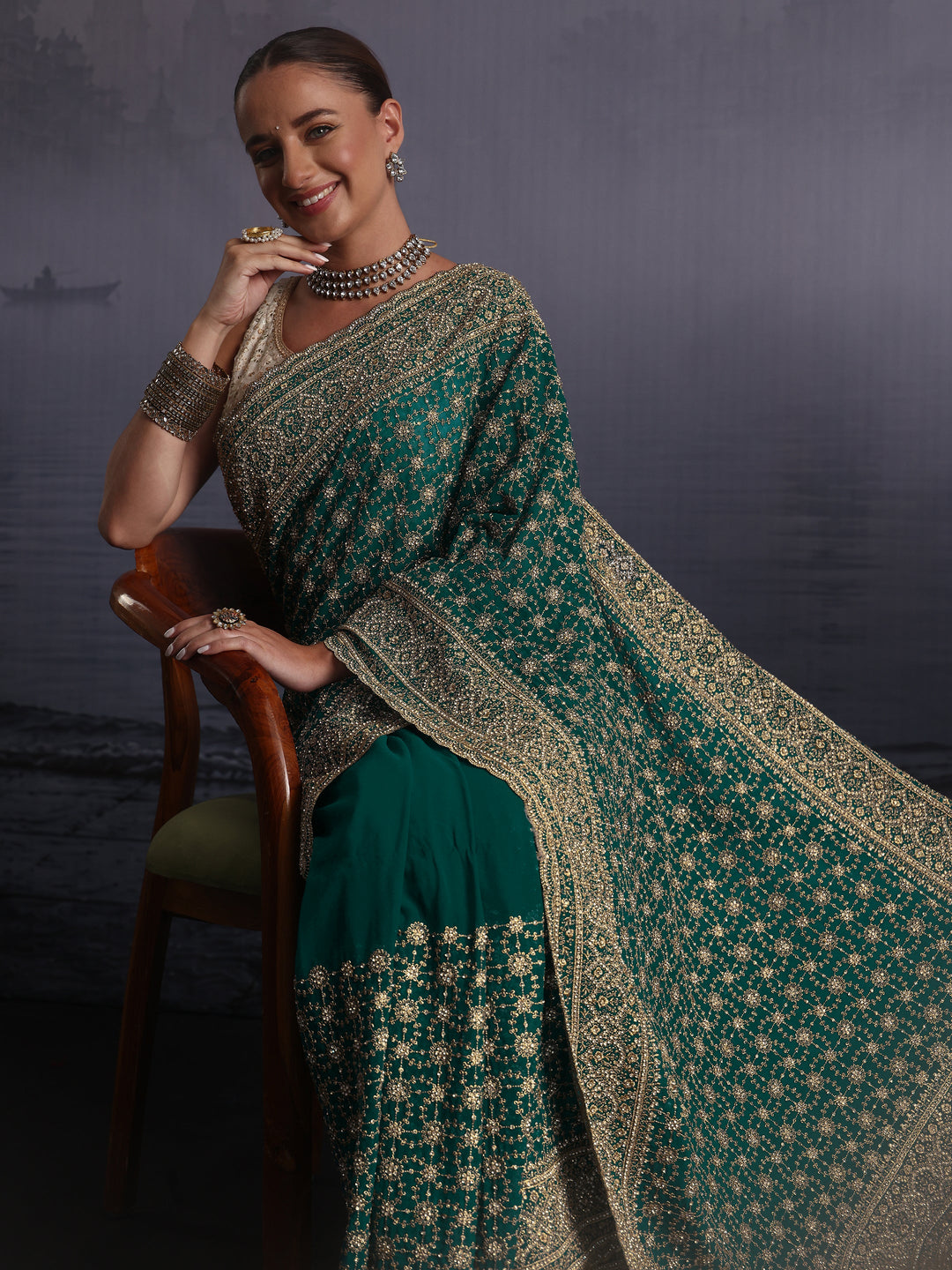  Libas Art Blue Floral Embroidered Georgette Saree with Stone Work 