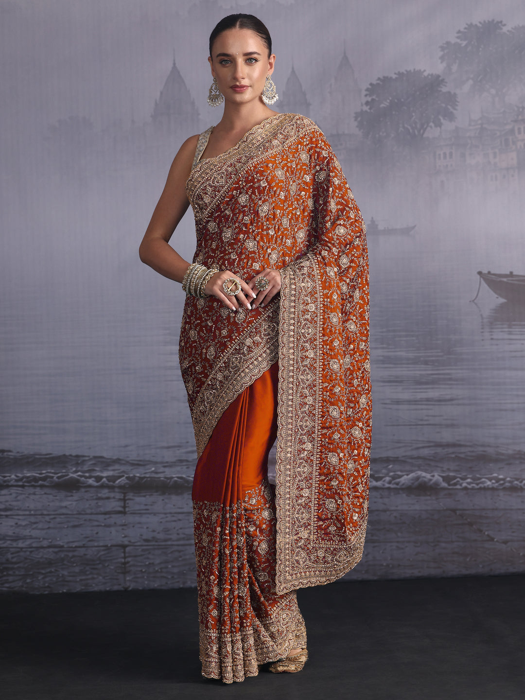  Libas Art Orange Floral Embroidered Satin Saree with Stone Work 