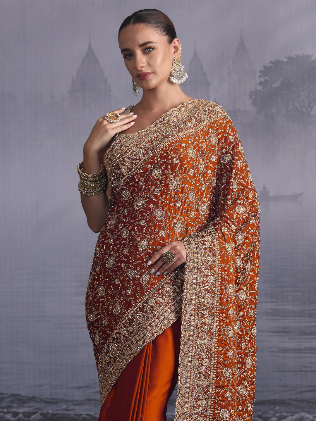  Libas Art Orange Floral Embroidered Satin Saree with Stone Work 