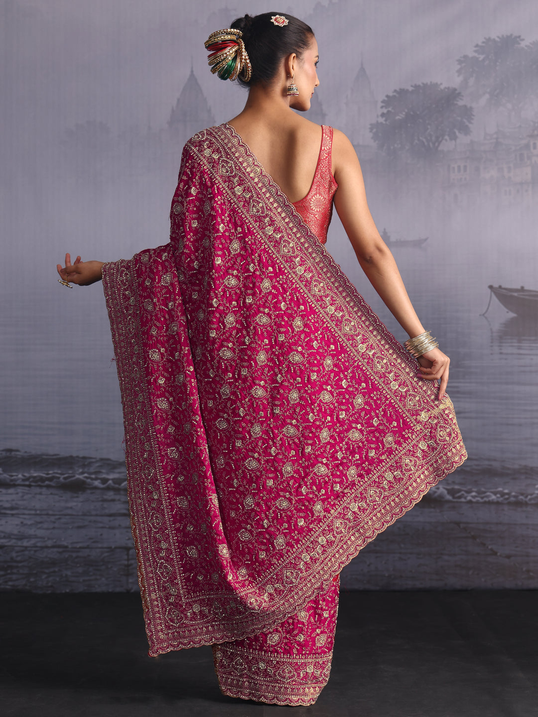  Libas Art Pink Floral Embroidered Satin Saree with Stone Work 