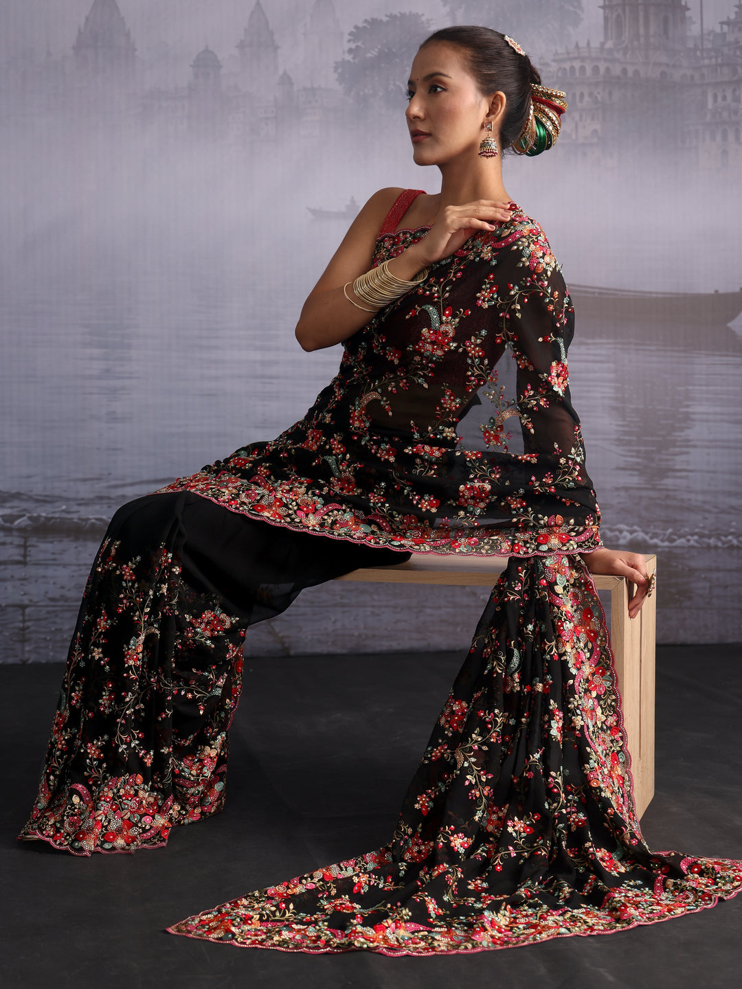  Libas Art Black Floral Embroidered Georgette Saree with Stone Work 
