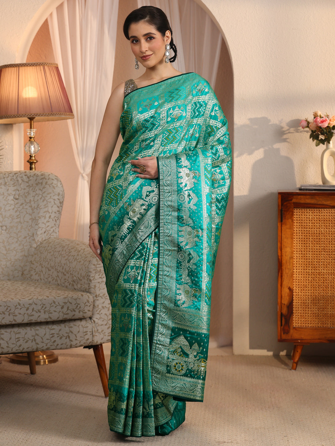  Libas Green Bandhani Woven Design Satin Saree with Stone Work 