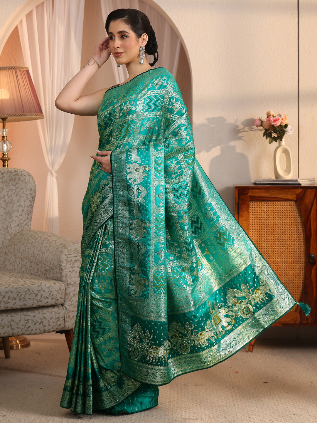  Libas Green Bandhani Woven Design Satin Saree with Stone Work 