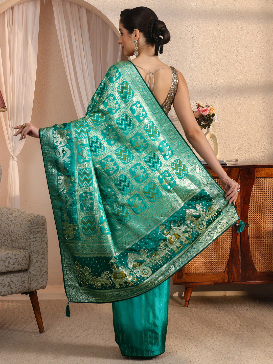  Libas Green Bandhani Woven Design Satin Saree with Stone Work 