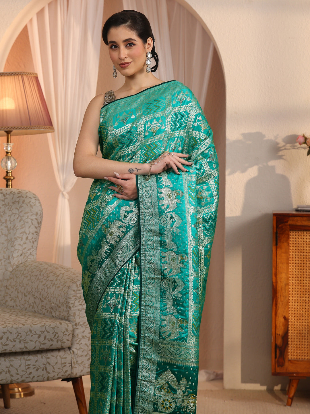  Libas Green Bandhani Woven Design Satin Saree with Stone Work 