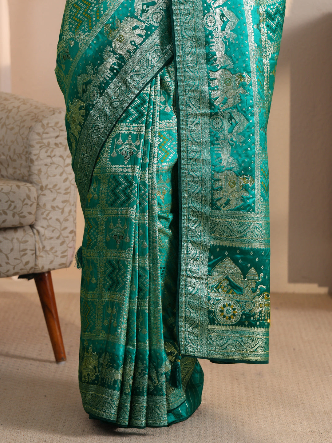  Libas Green Bandhani Woven Design Satin Saree with Stone Work 