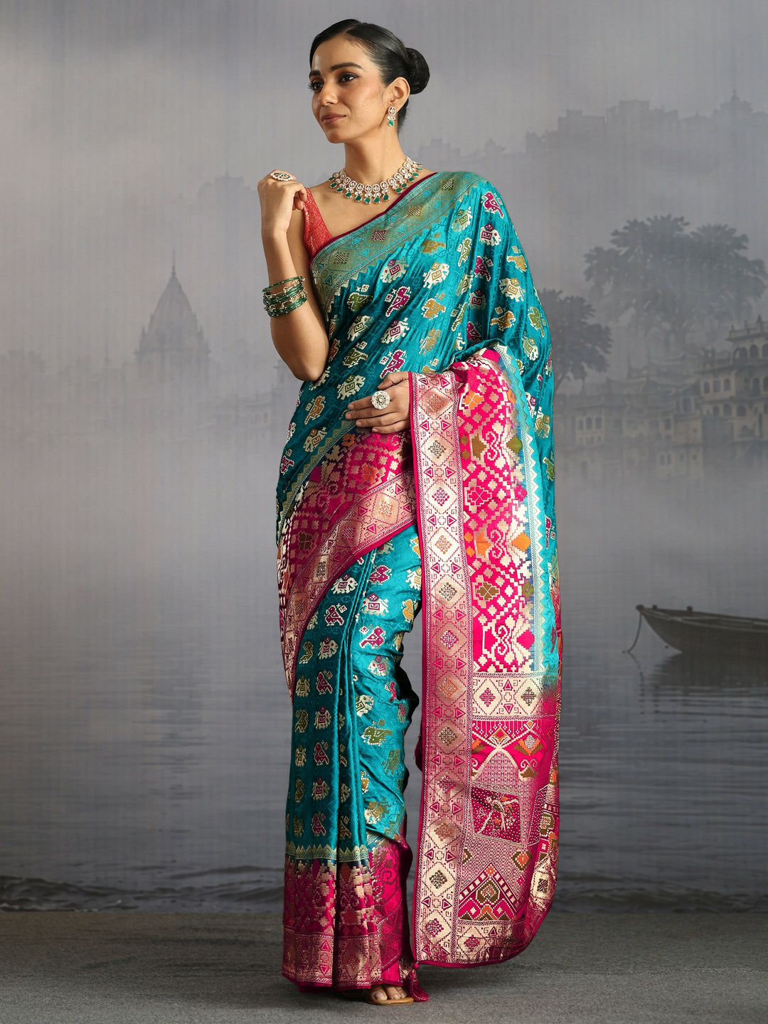  Libas Turquoise Blue Patola Silk Blend Saree 