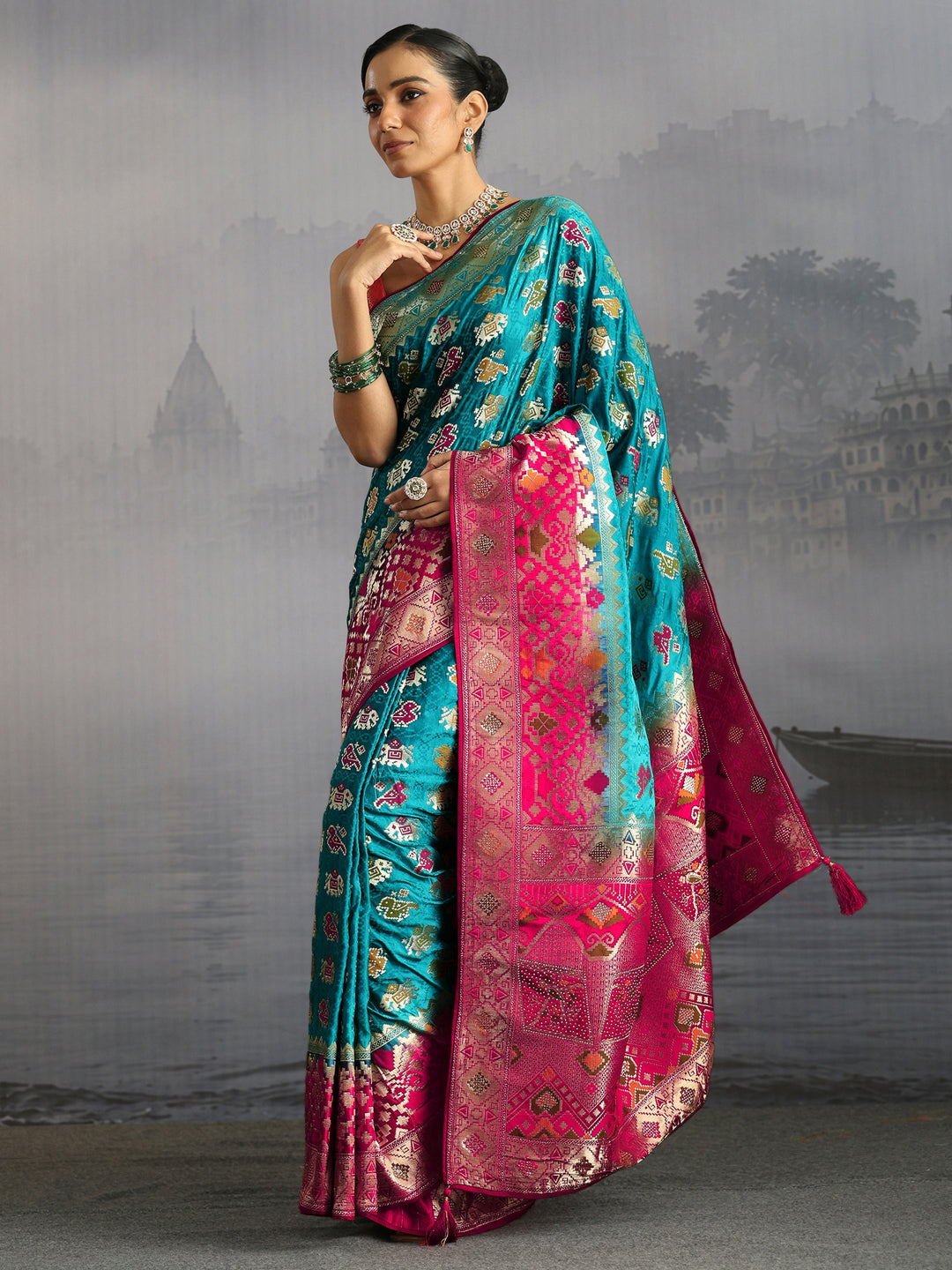  Libas Turquoise Blue Patola Silk Blend Saree 