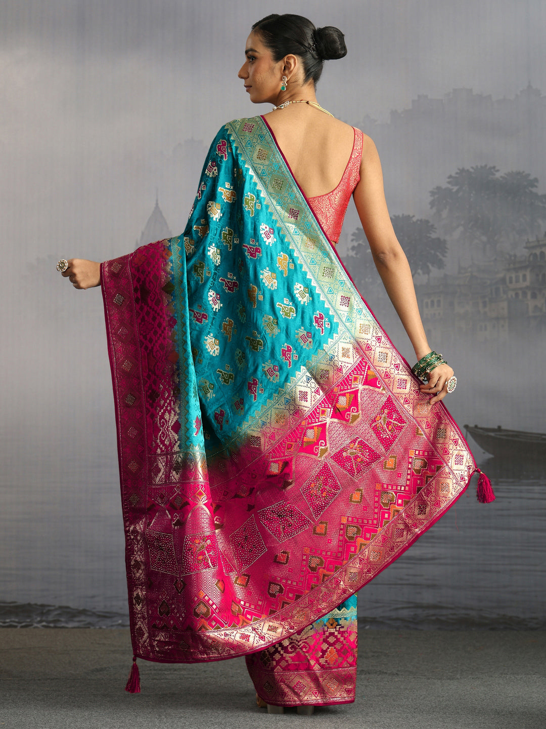  Libas Turquoise Blue Patola Silk Blend Saree 