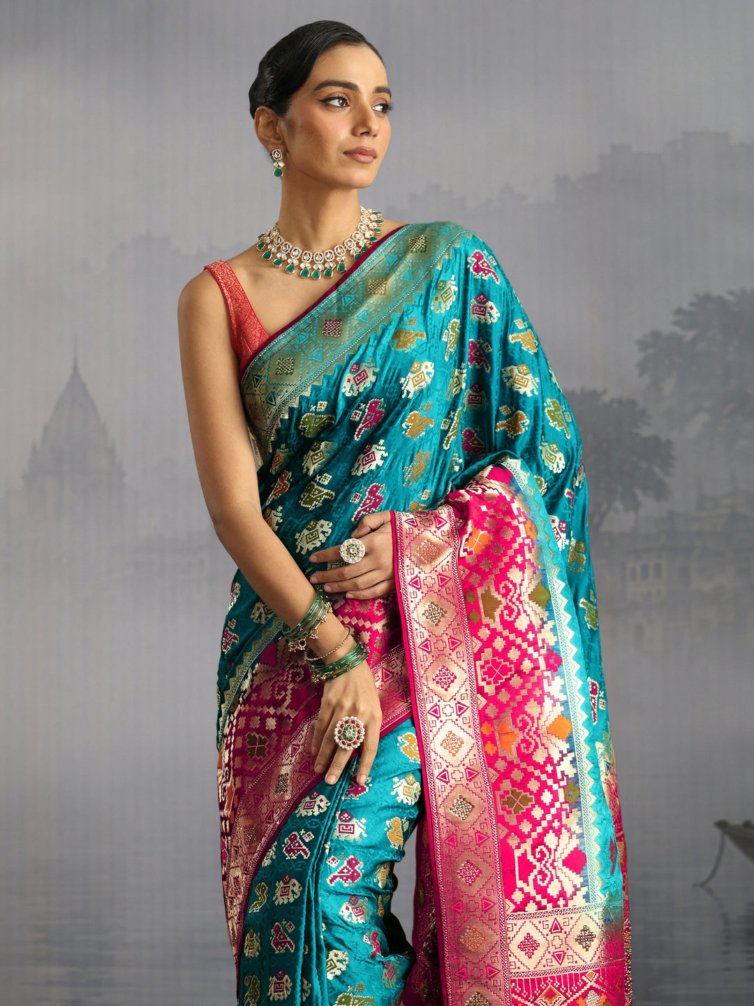  Libas Turquoise Blue Patola Silk Blend Saree 