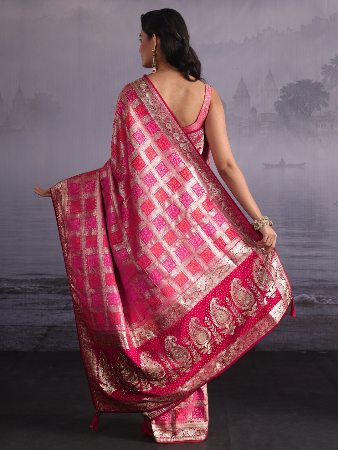  Libas Pink Gharchola Silk Blend Saree with Paisley Weave Pallu 