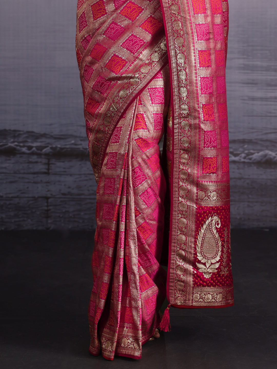  Libas Pink Gharchola Silk Blend Saree with Paisley Weave Pallu 