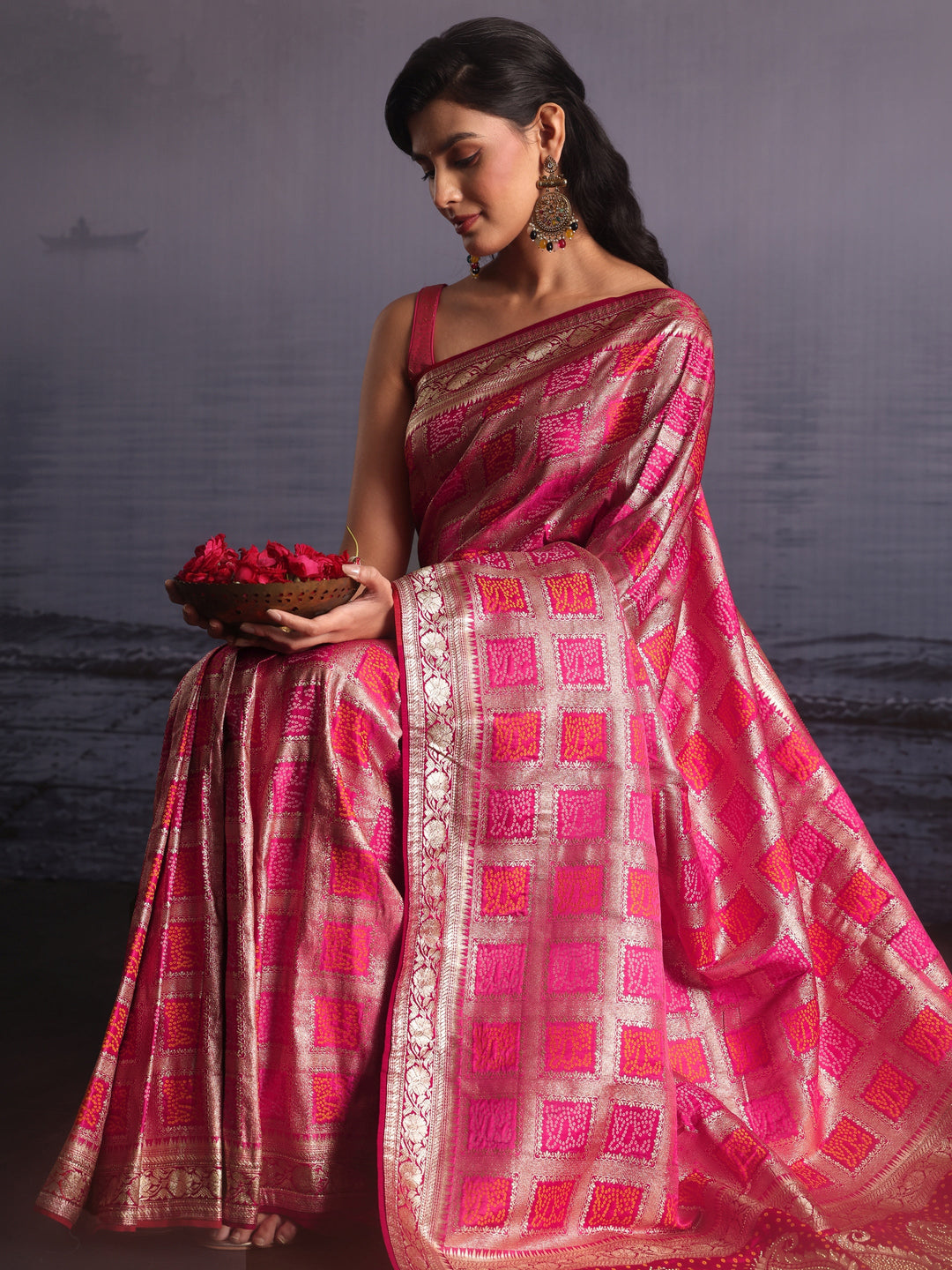 Libas Pink Gharchola Silk Blend Saree with Paisley Weave Pallu 