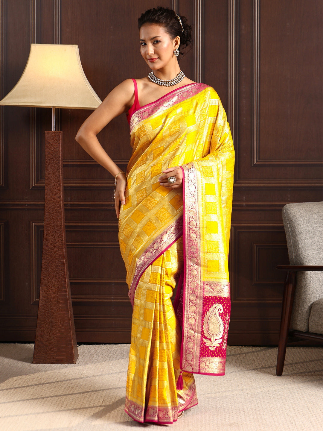  Libas Yellow Gharchola Silk Blend Saree with Paisley Weave Pallu 
