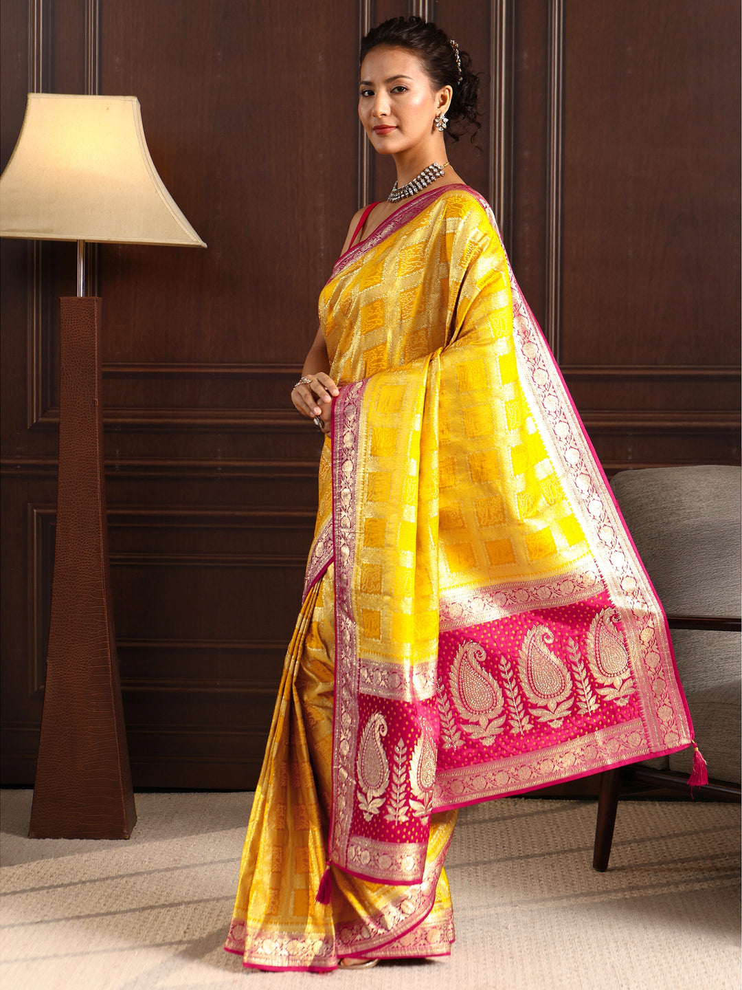  Libas Yellow Gharchola Silk Blend Saree with Paisley Weave Pallu 
