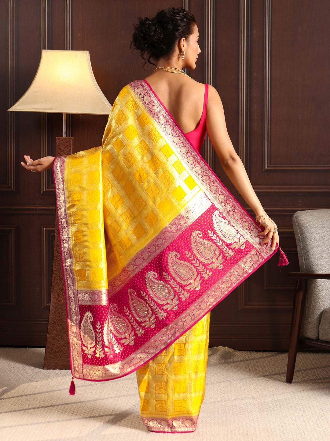  Libas Yellow Gharchola Silk Blend Saree with Paisley Weave Pallu 