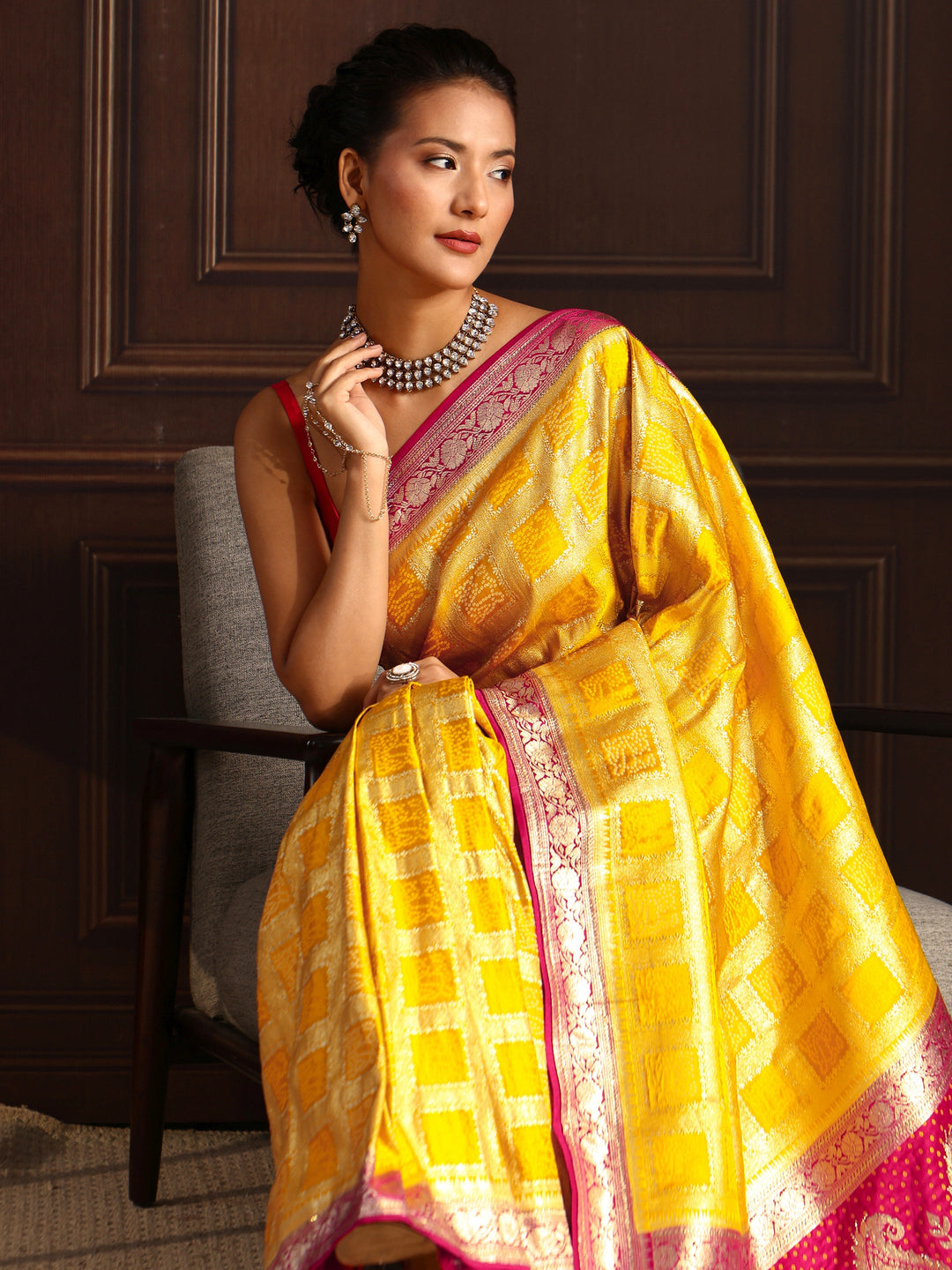  Libas Yellow Gharchola Silk Blend Saree with Paisley Weave Pallu 