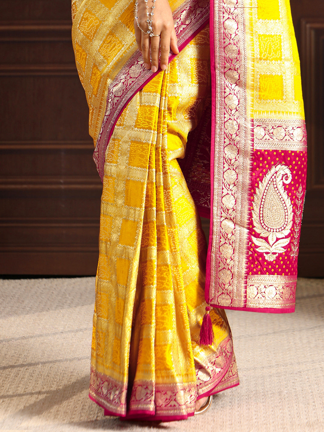  Libas Yellow Gharchola Silk Blend Saree with Paisley Weave Pallu 