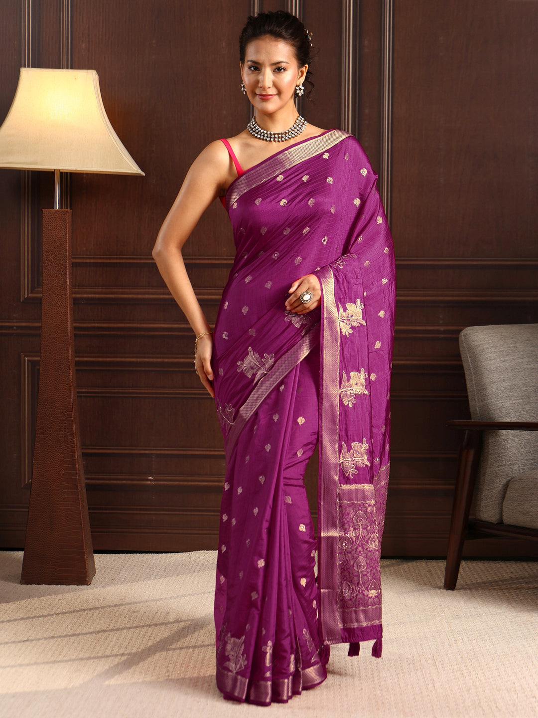  Libas Burgundy Zari Woven Floral Design Silk Blend Saree 