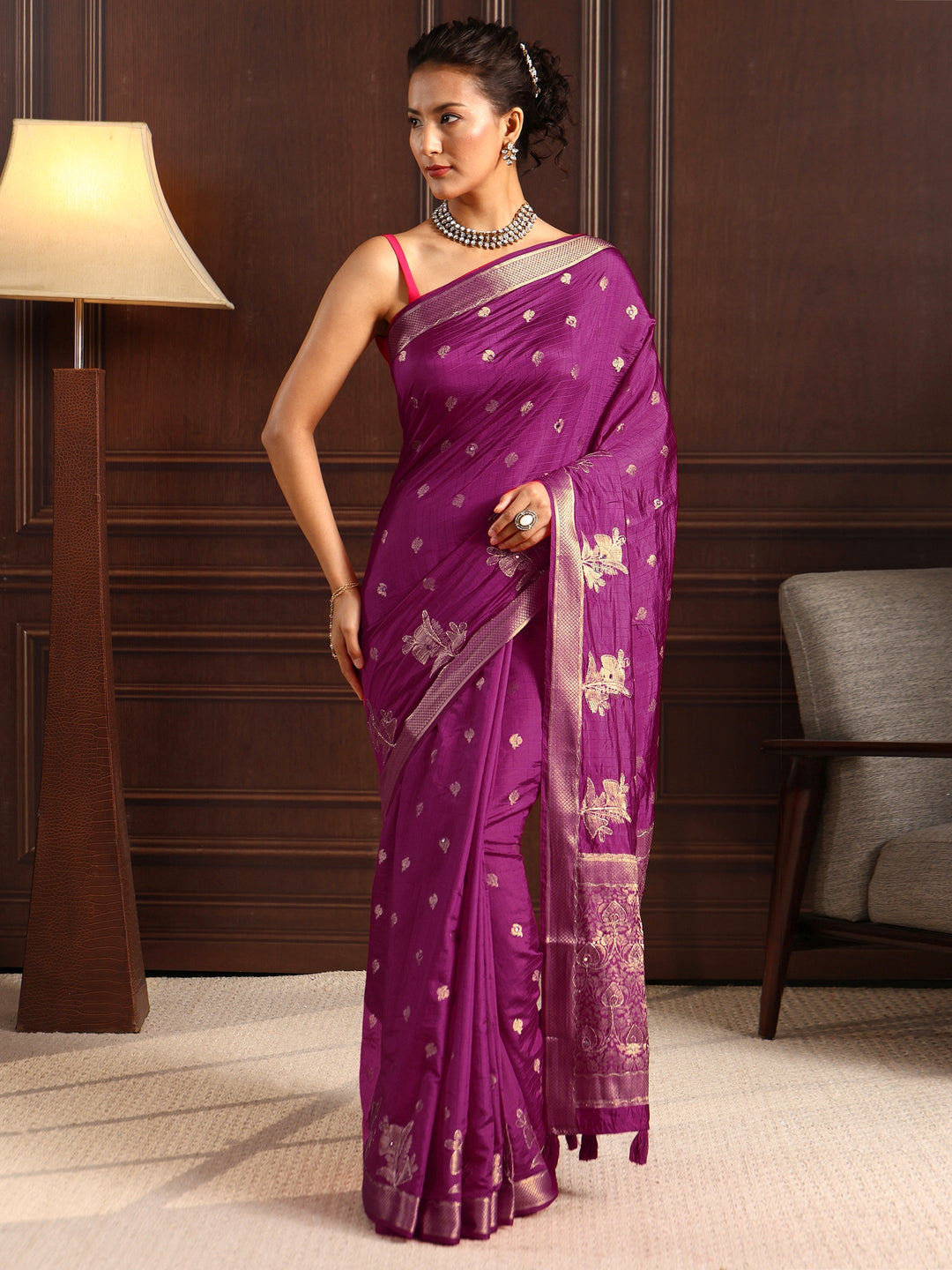  Libas Burgundy Zari Woven Floral Design Silk Blend Saree 