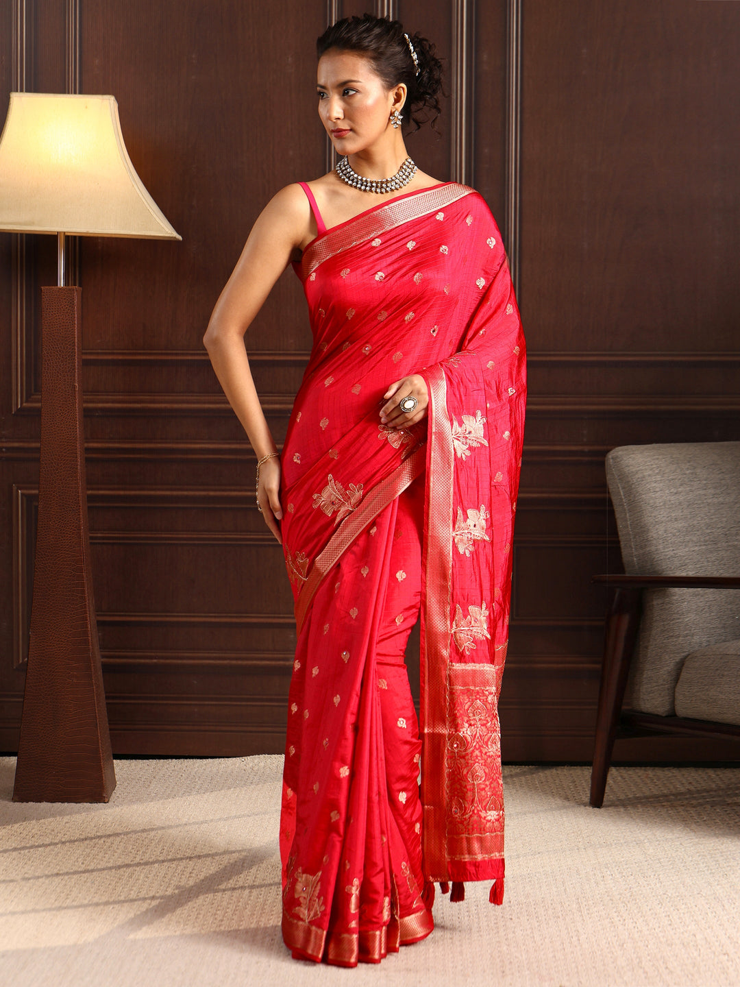  Libas Red Zari Woven Floral Design Silk Blend Saree 