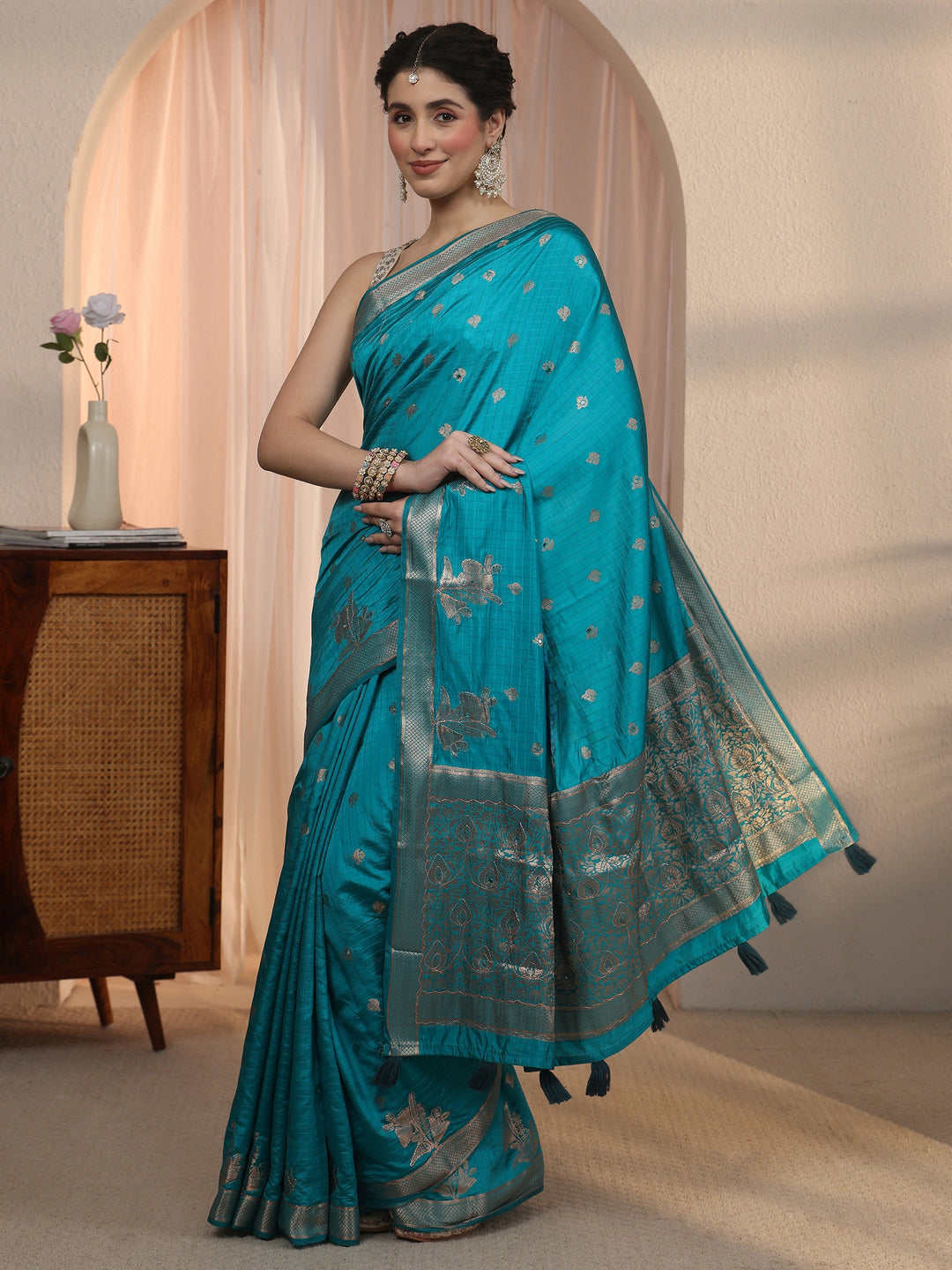  Libas Turquoise Blue Woven Design Mirror Work Silk Blend Saree 