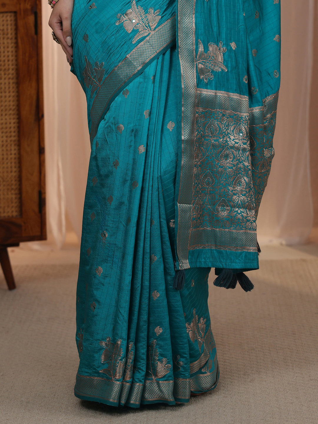  Libas Turquoise Blue Woven Design Mirror Work Silk Blend Saree 