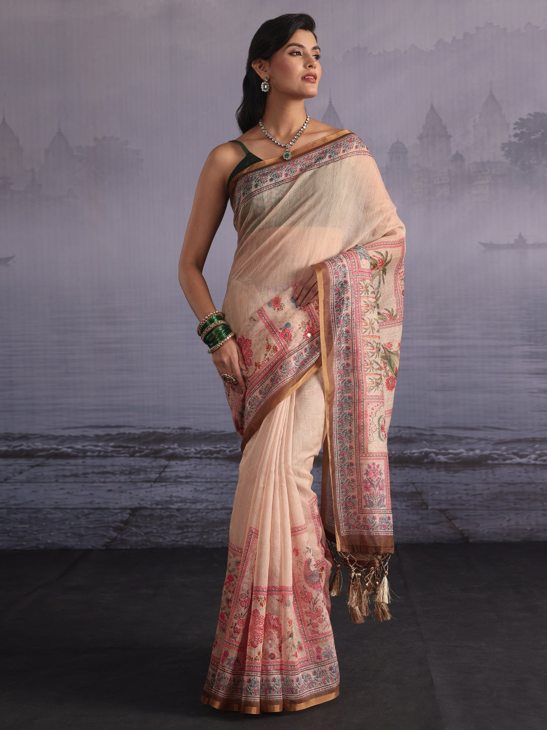  Libas Beige Flower and Parrot Printed Silk Blend Tassel Saree 