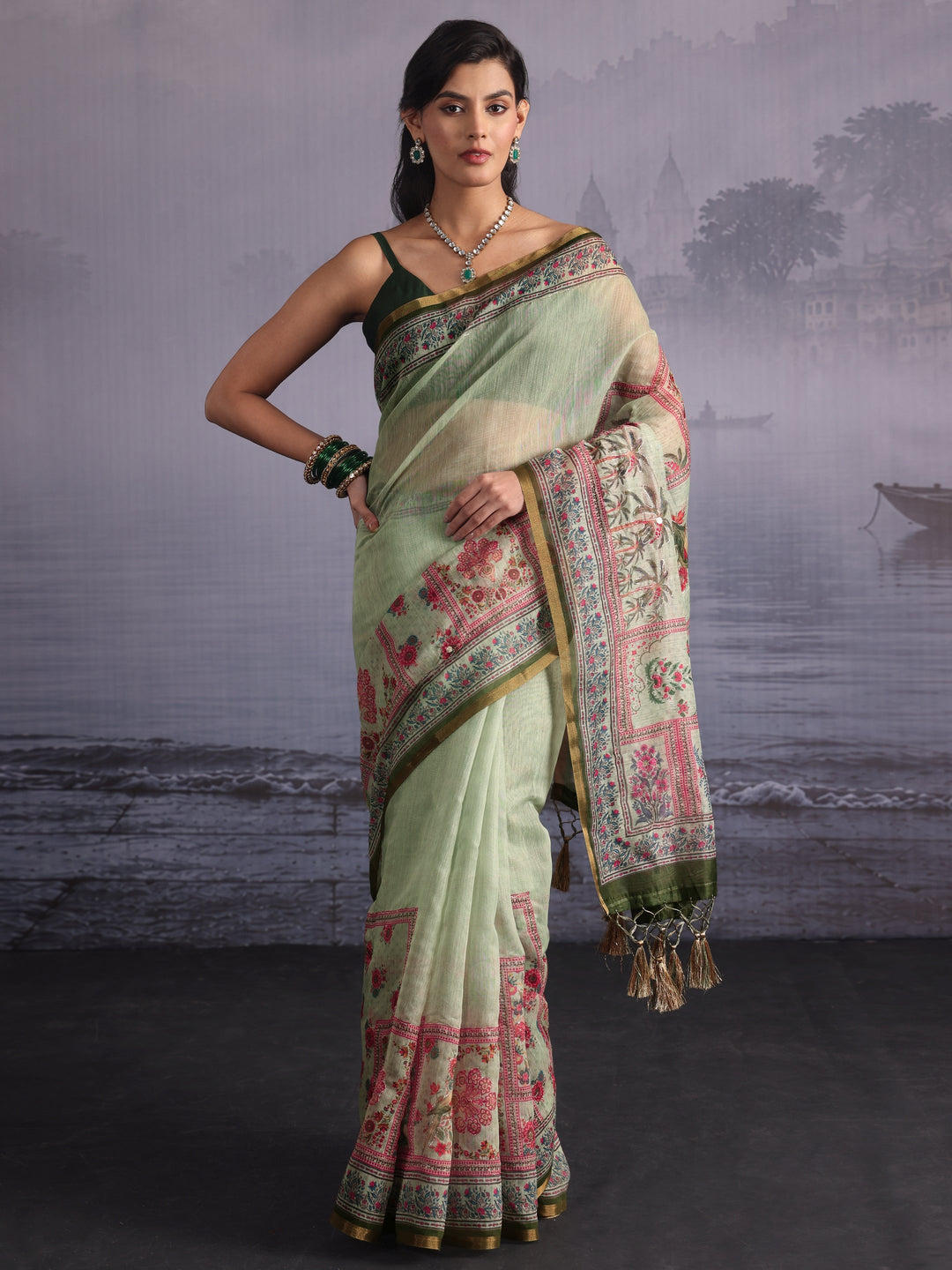  Libas Green Flower and Parrot Printed Silk Blend Tassel Saree 