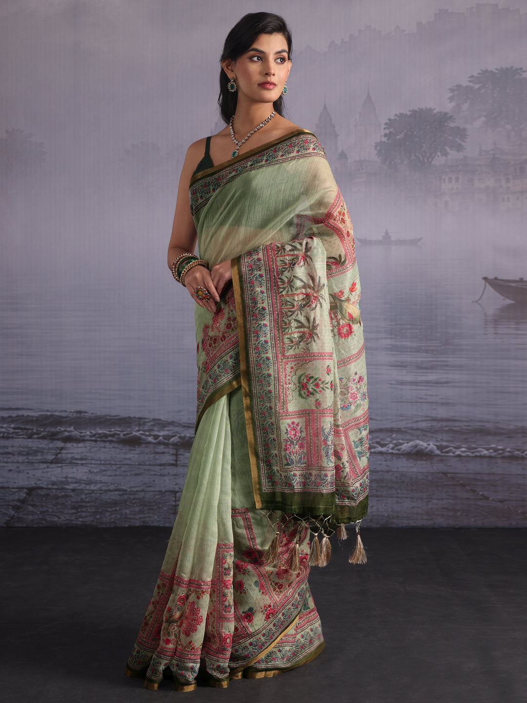  Libas Green Flower and Parrot Printed Silk Blend Tassel Saree 