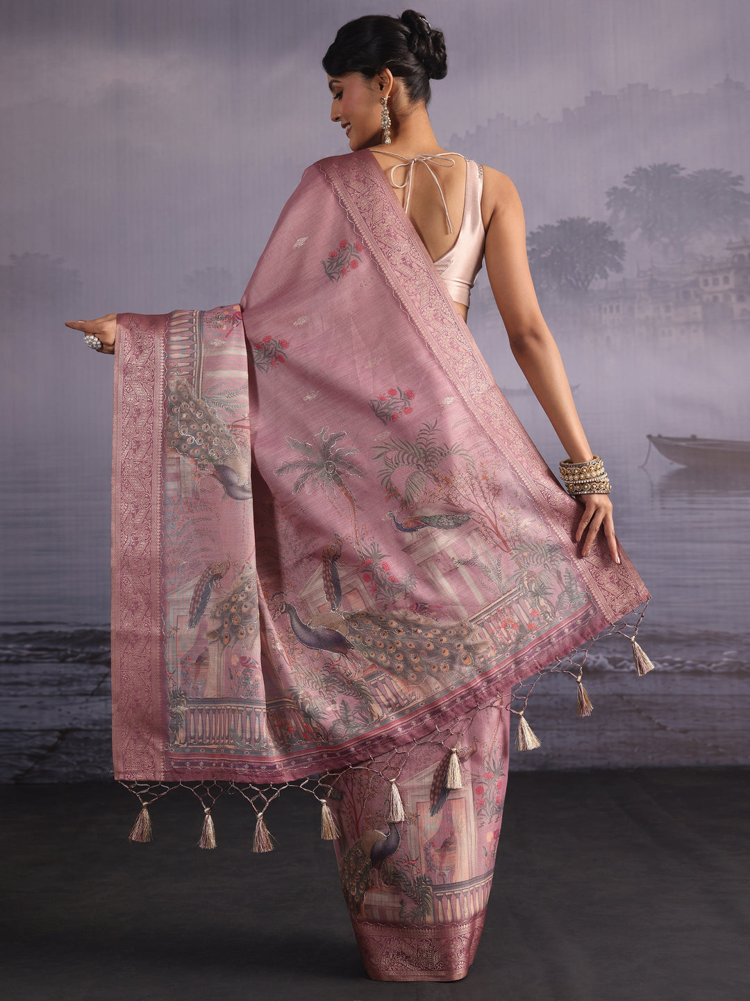  Libas Pink Peacock Printed Silk Blend Tassel Saree 