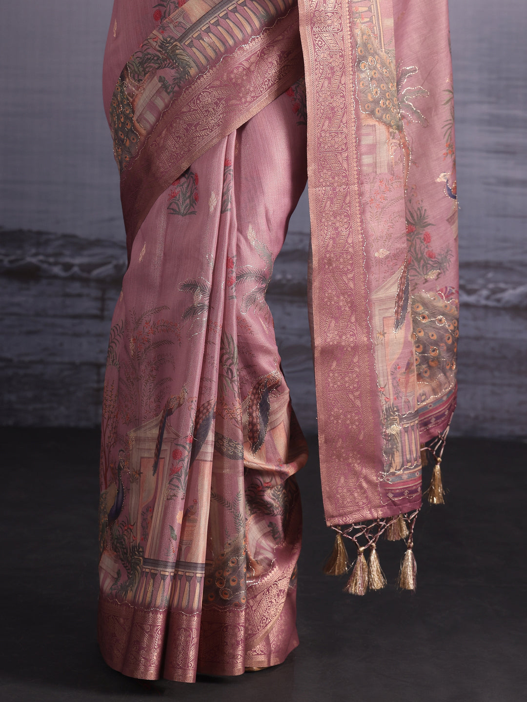  Libas Pink Peacock Printed Silk Blend Tassel Saree 