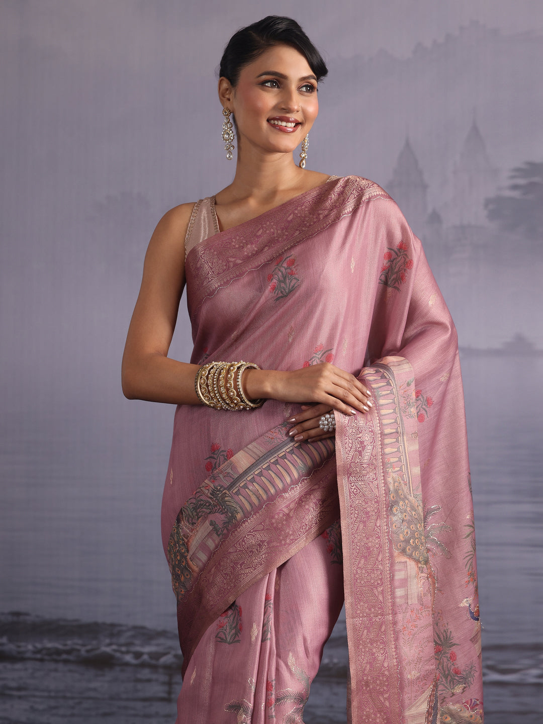  Libas Pink Peacock Printed Silk Blend Tassel Saree 