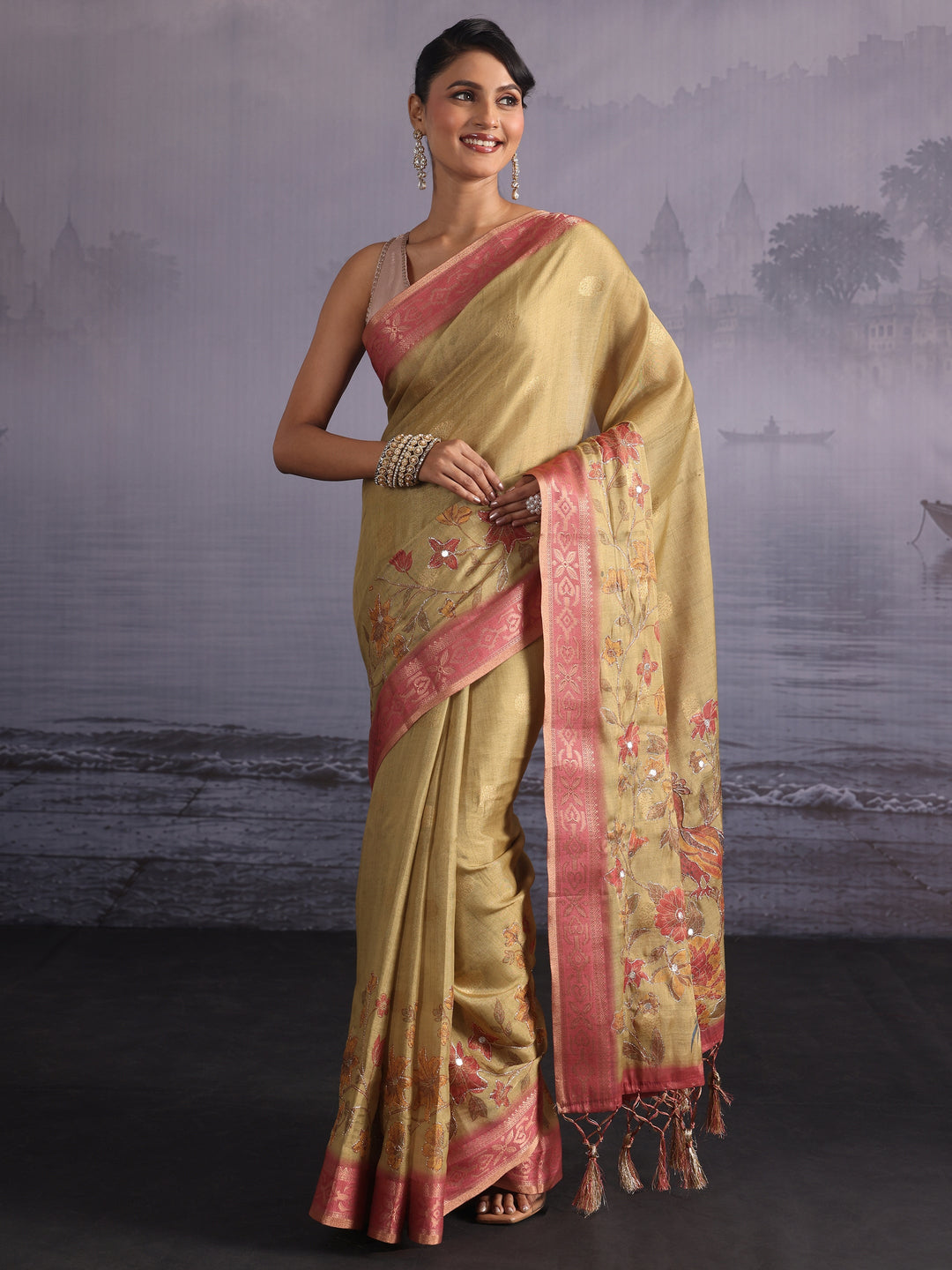  Libas Light Green Floral Printed Silk Blend Tassel Saree 