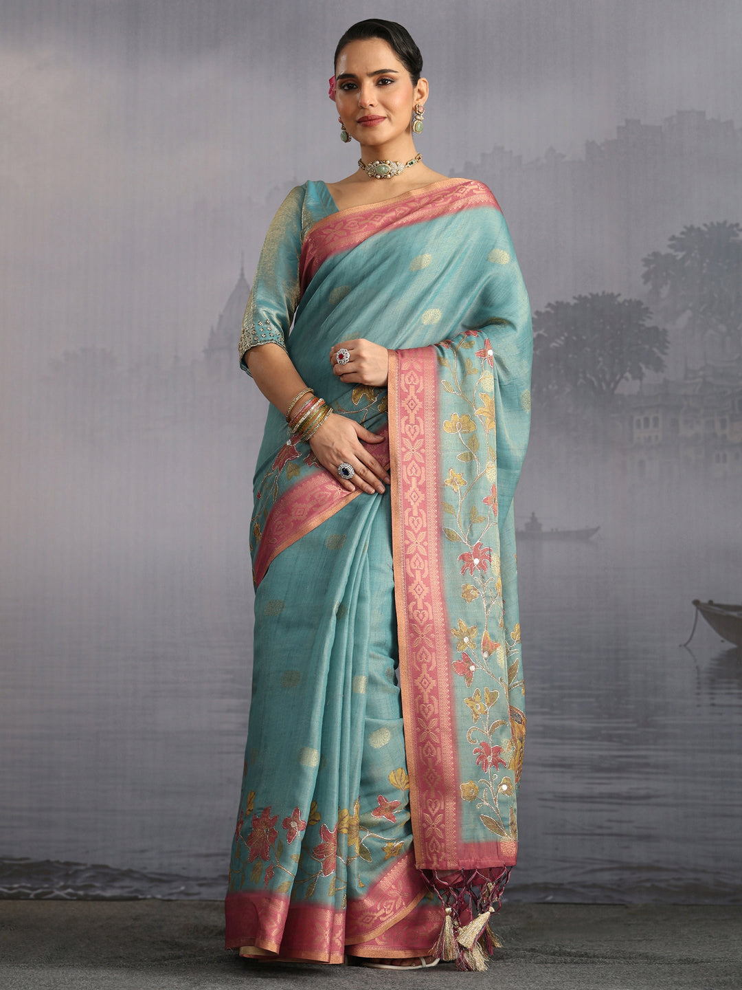  Libas Blue Peacock Printed Silk Blend Tassel Saree 
