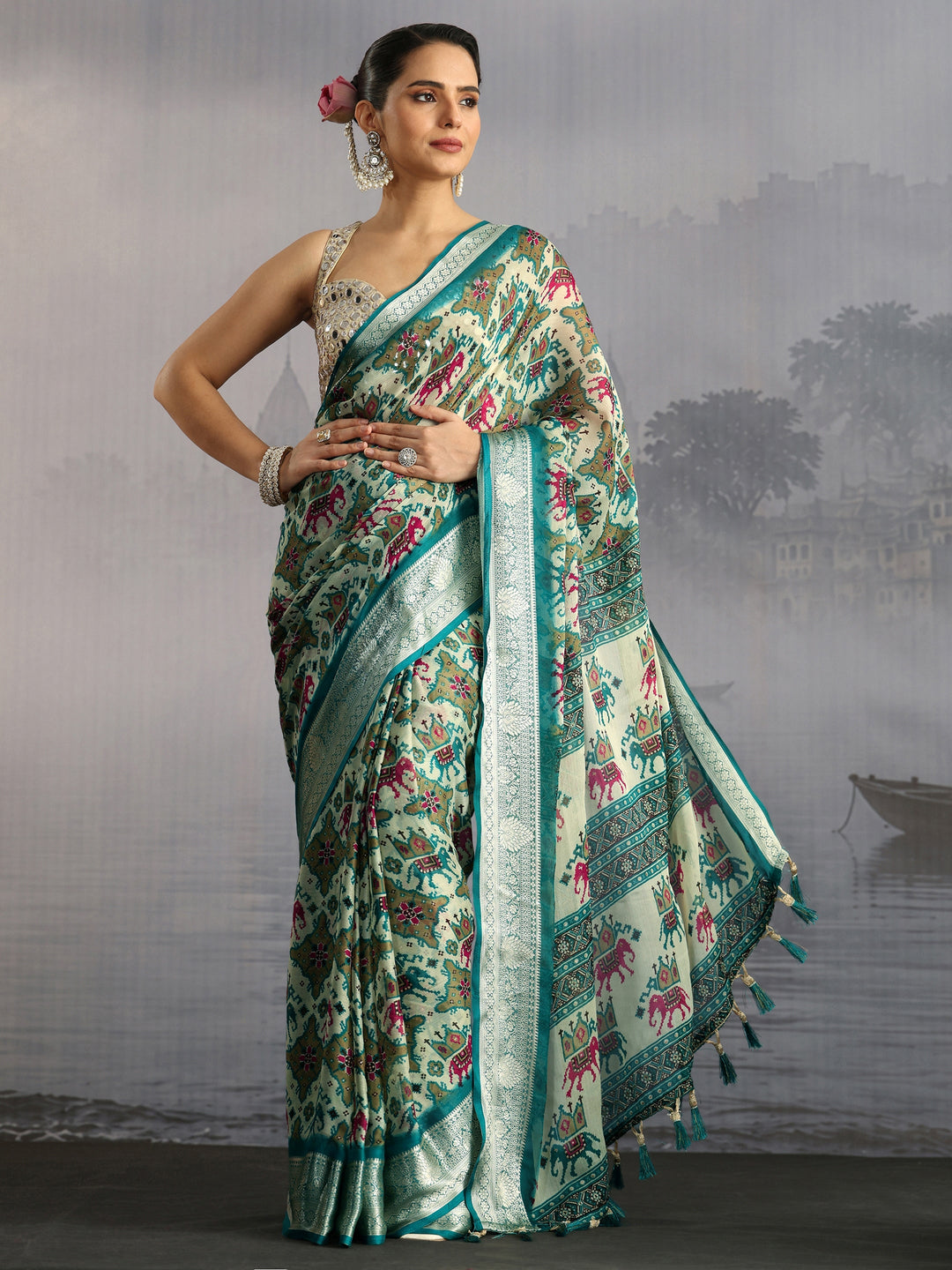  Libas Sea Green Patola Inspired Printed Georgette Saree 