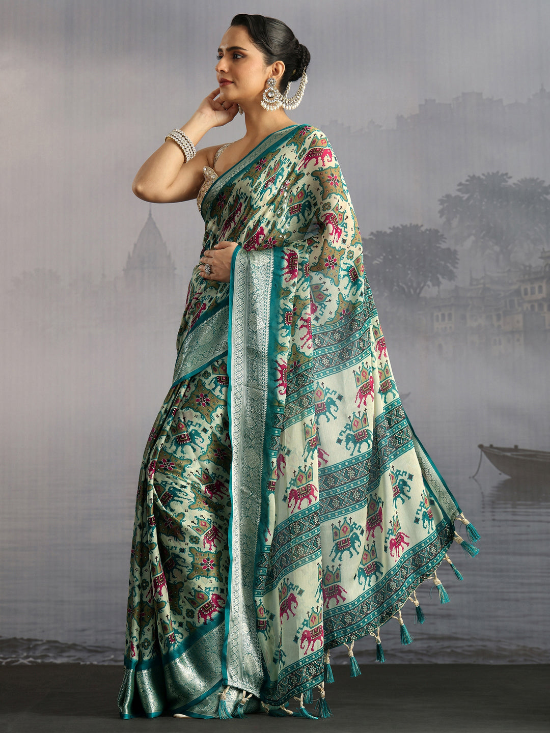  Libas Sea Green Patola Inspired Printed Georgette Saree 