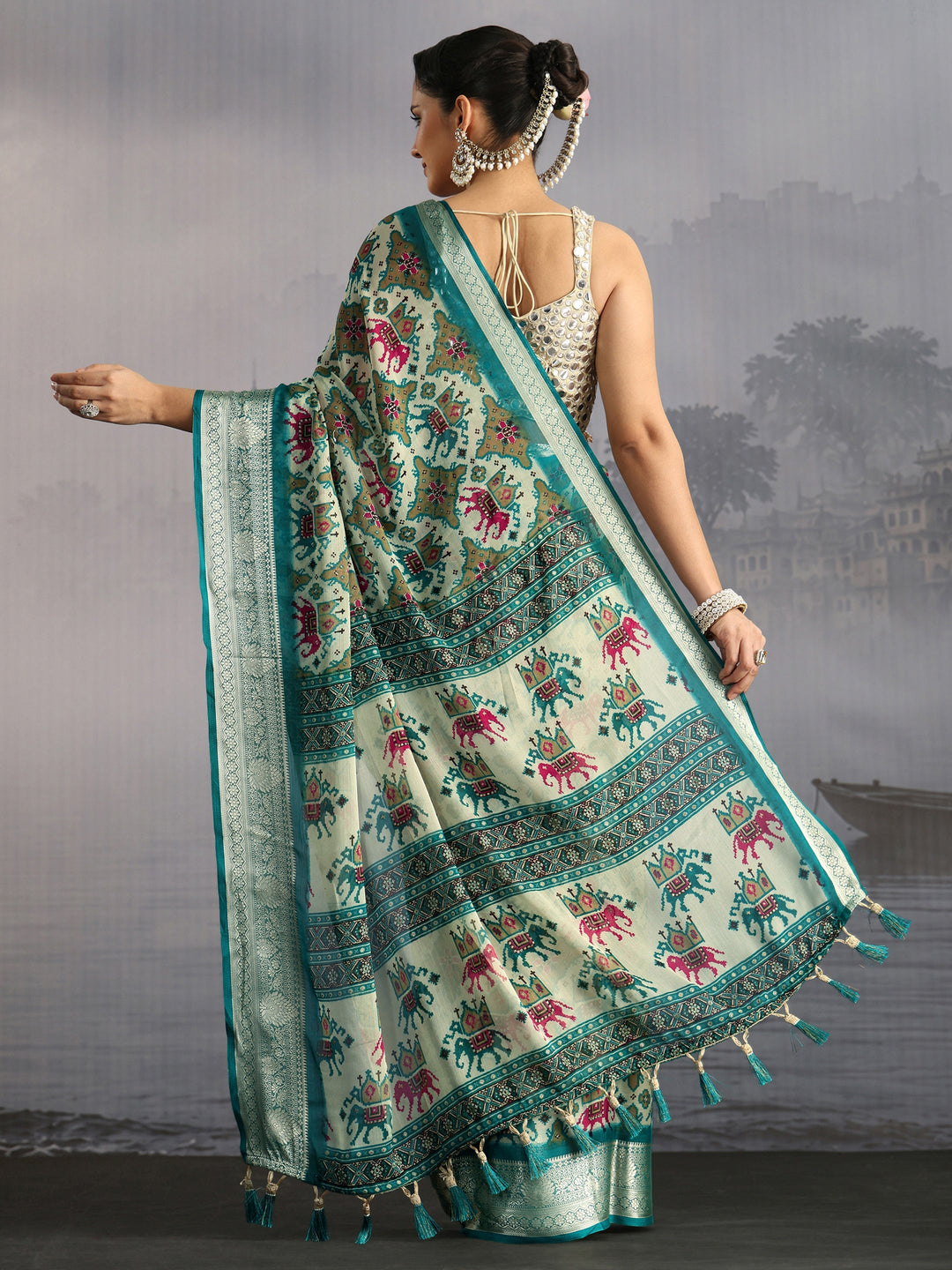  Libas Sea Green Patola Inspired Printed Georgette Saree 