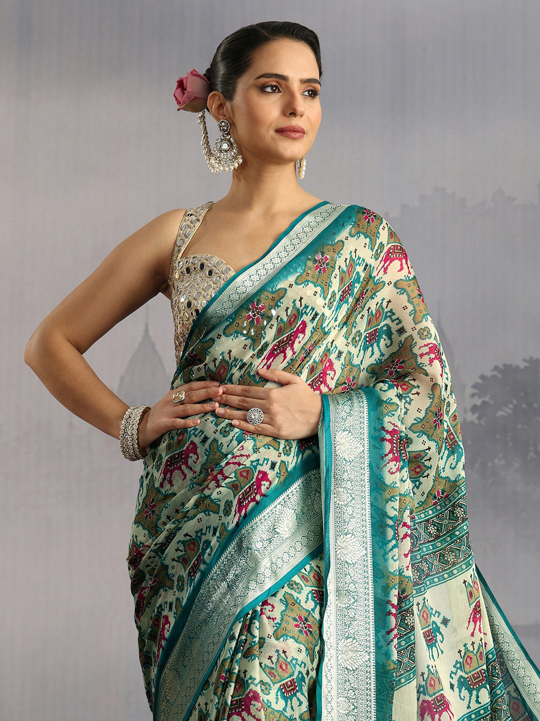  Libas Sea Green Patola Inspired Printed Georgette Saree 