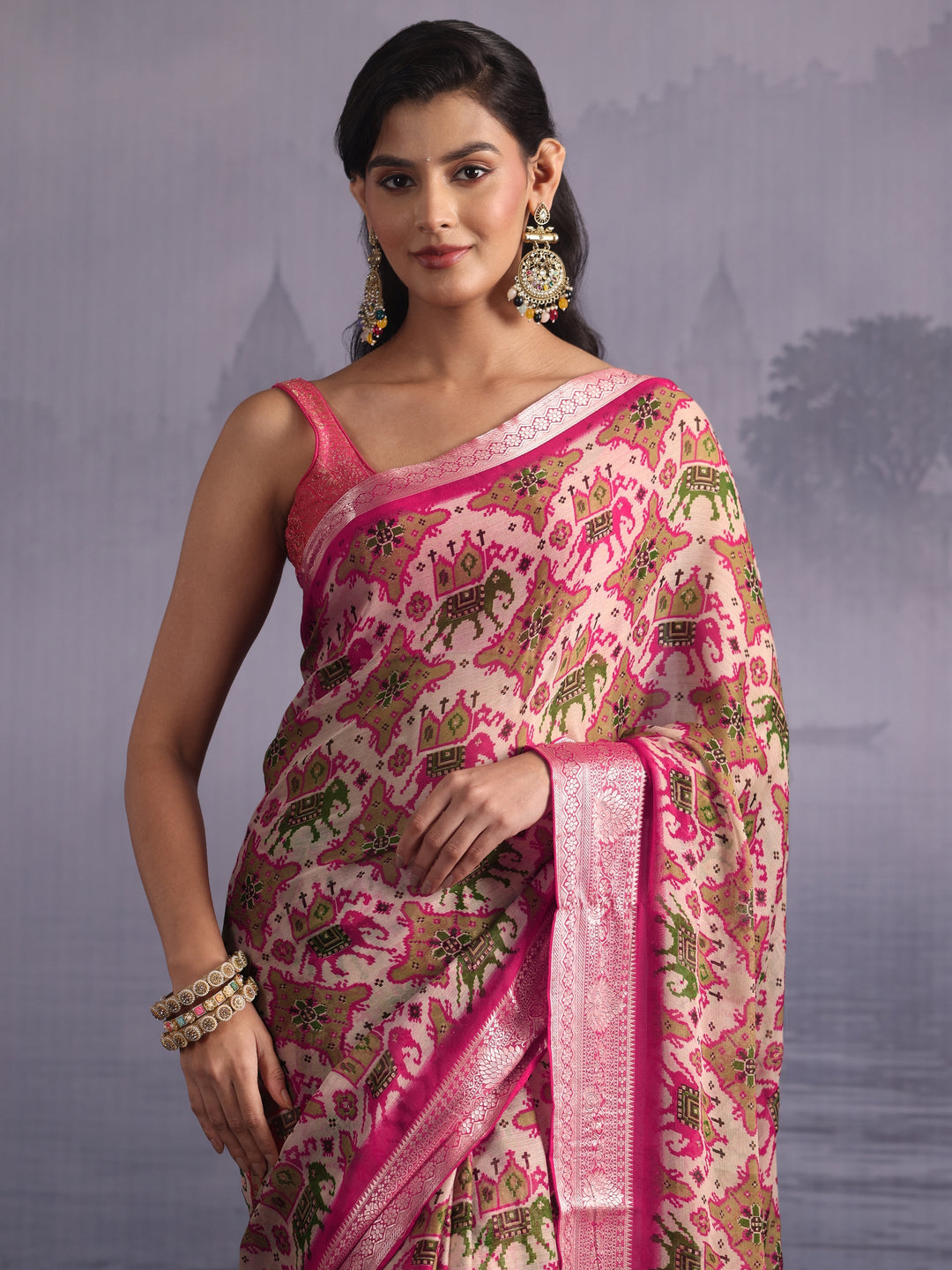  Libas Pink Patola Print Georgette Tassel Saree 