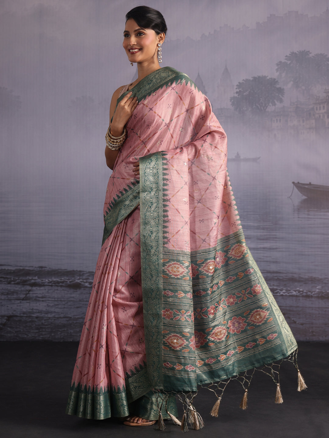  Libas Light Pink Printed Silk Blend Tassel Saree 