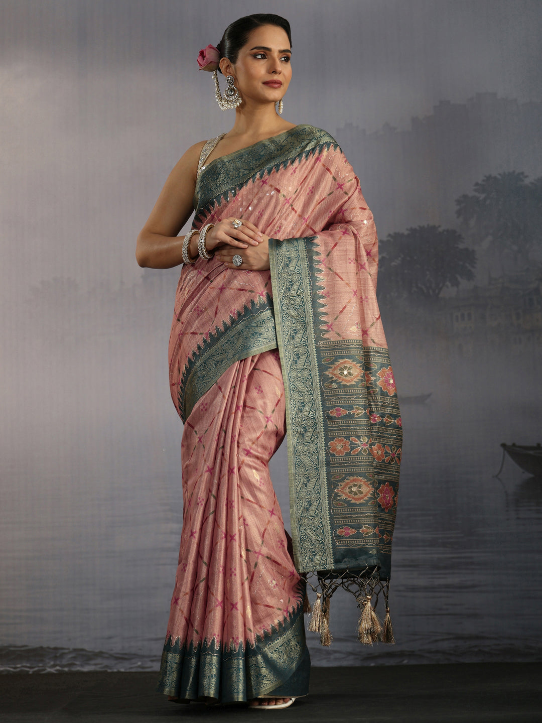  Libas Peach Printed Woven Design Pallu Silk Blend Tassel Saree 