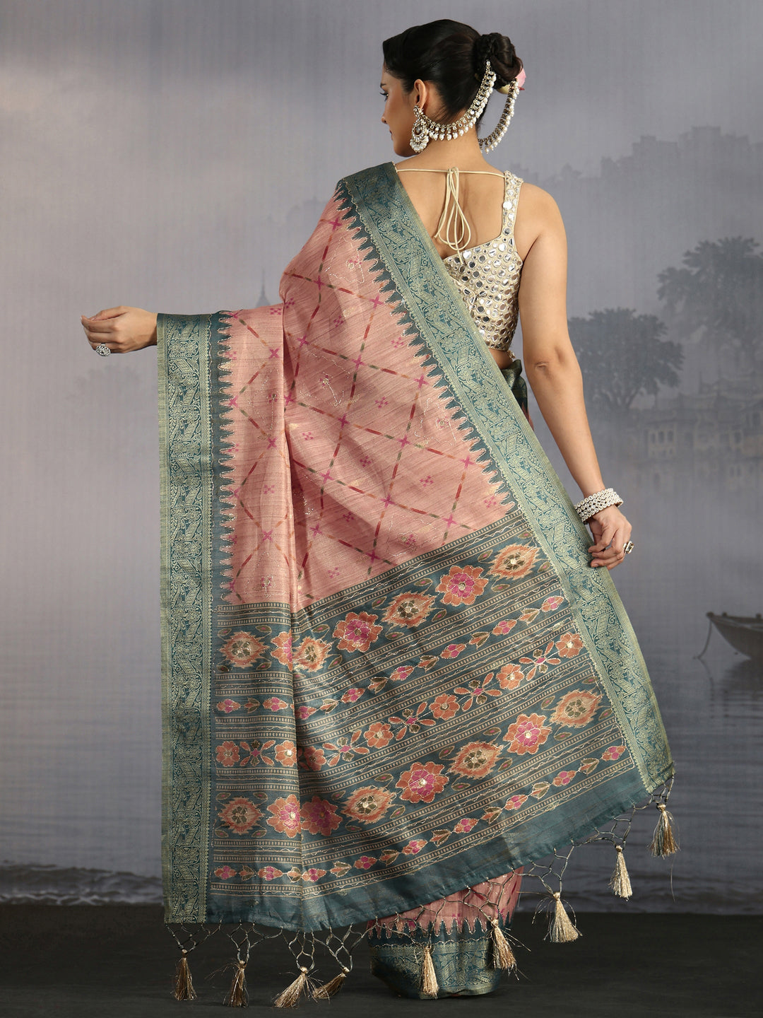  Libas Peach Printed Woven Design Pallu Silk Blend Tassel Saree 