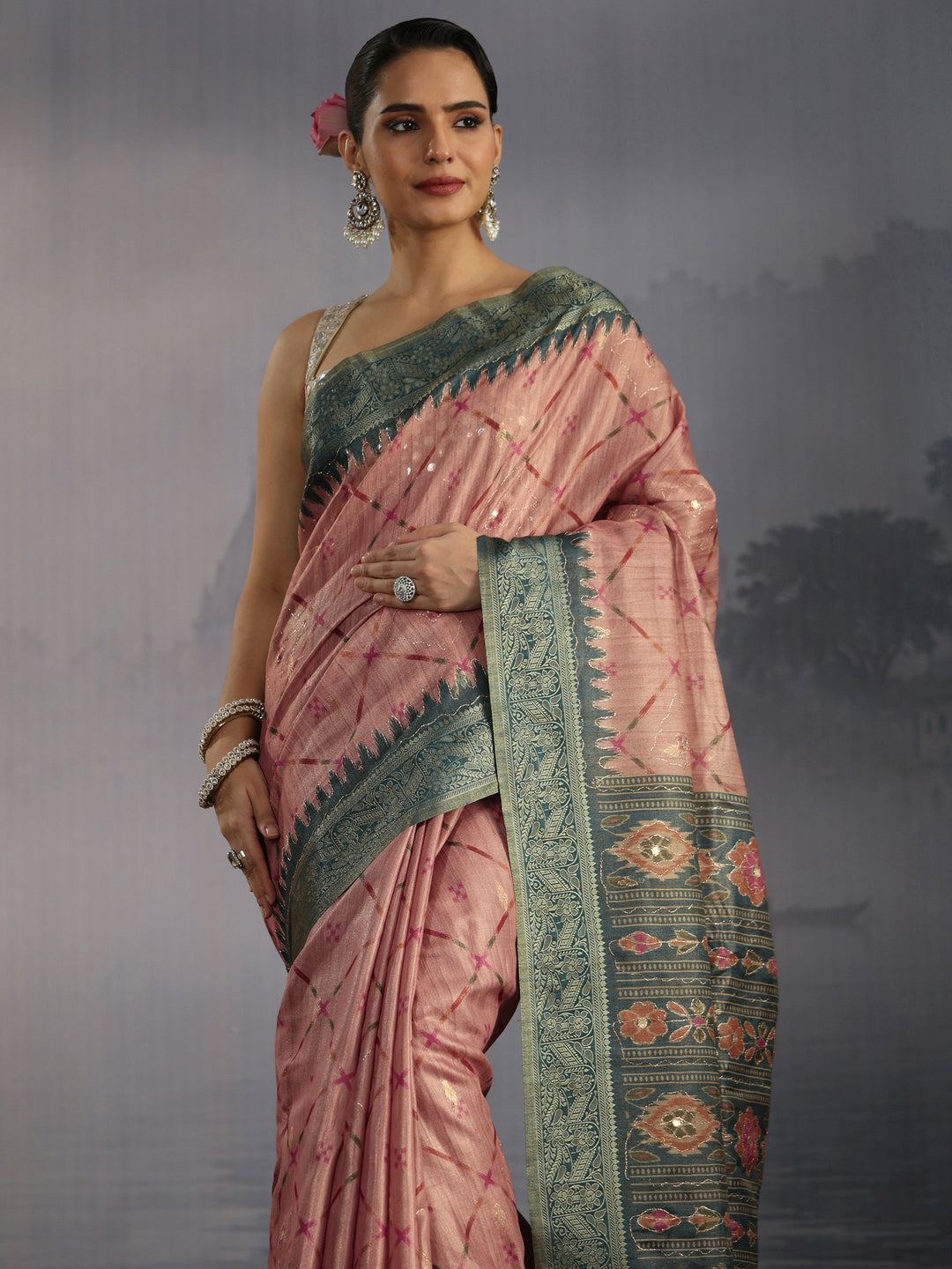  Libas Peach Printed Woven Design Pallu Silk Blend Tassel Saree 
