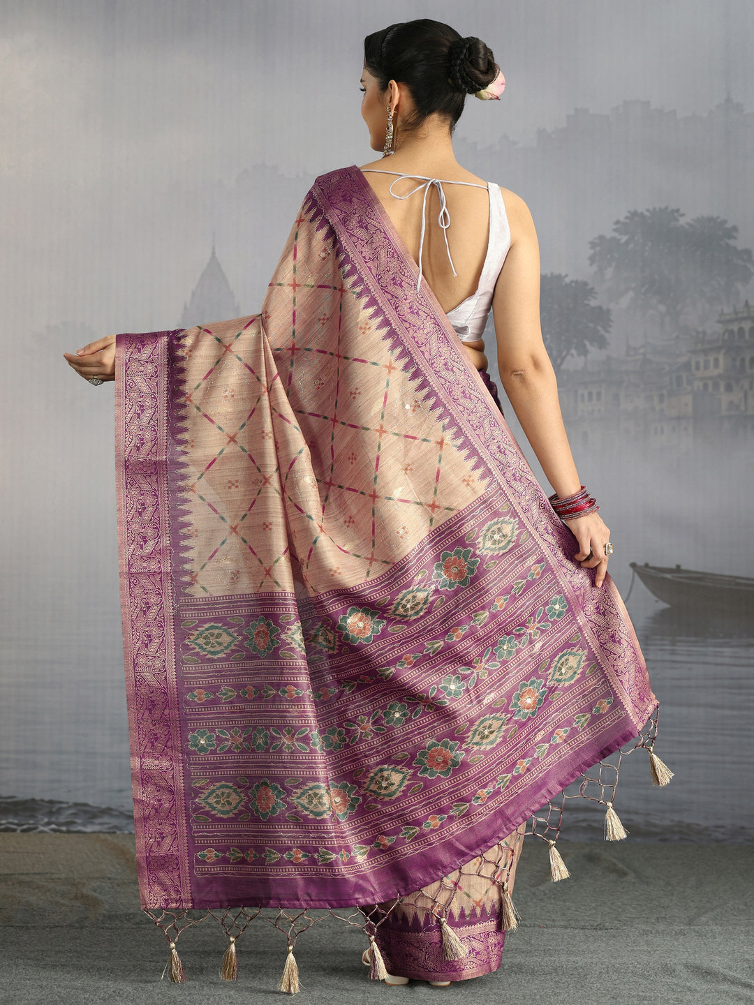  Libas Beige Printed Woven Design Pallu Silk Blend Tassel Saree 