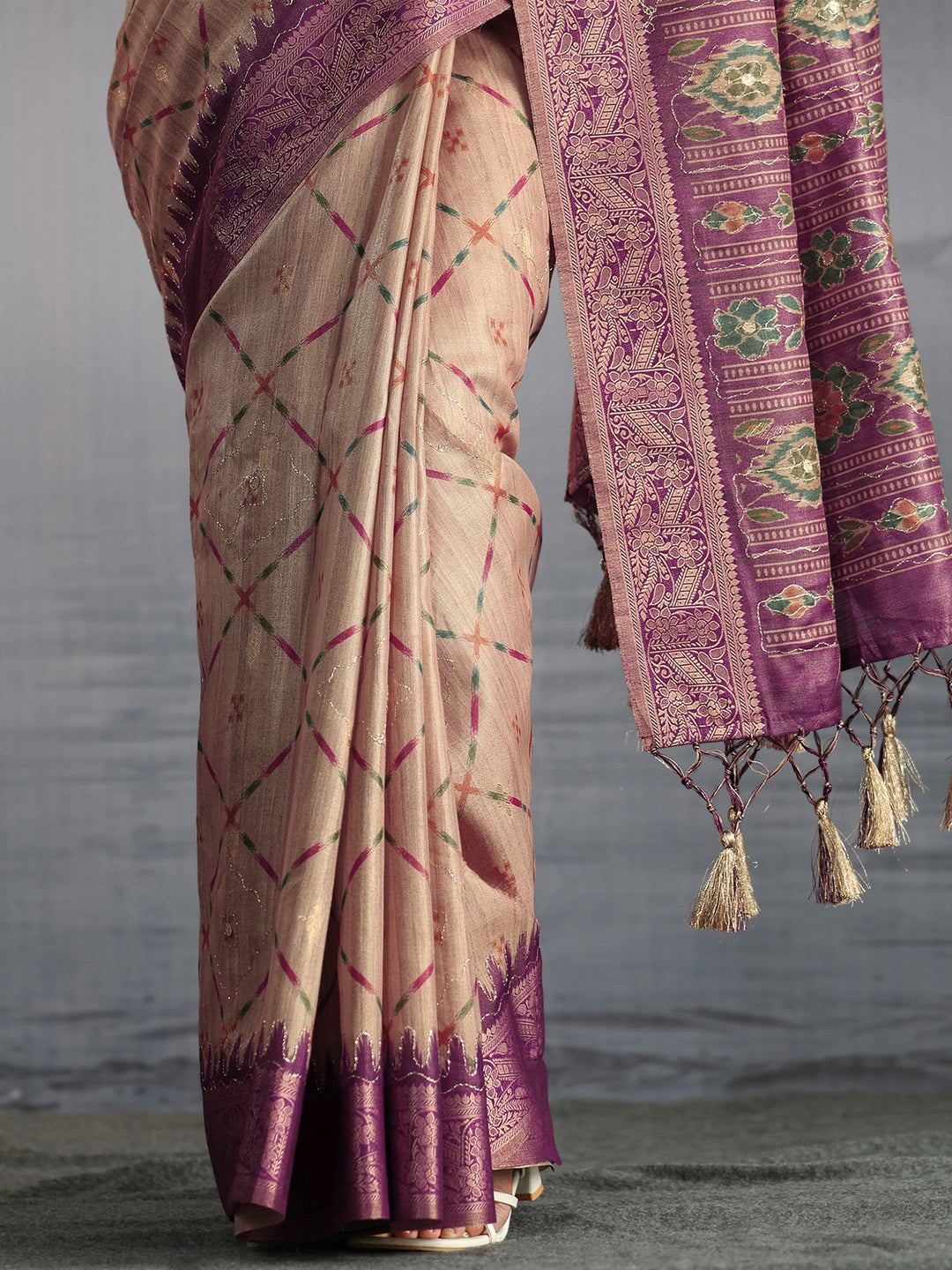  Libas Beige Printed Woven Design Pallu Silk Blend Tassel Saree 