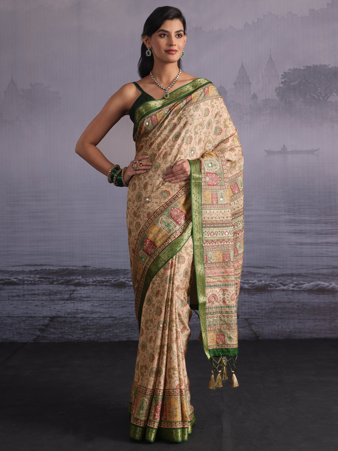  Libas Beige Floral Printed Mirror Work Silk Blend Tassel Saree 