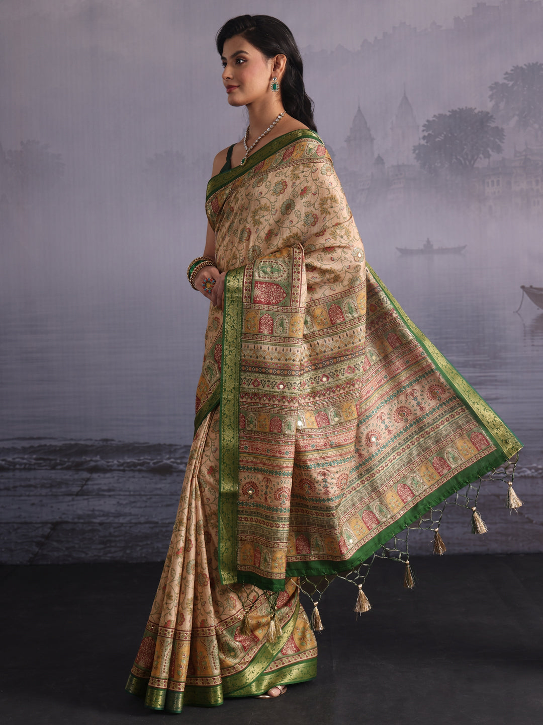  Libas Beige Floral Printed Mirror Work Silk Blend Tassel Saree 