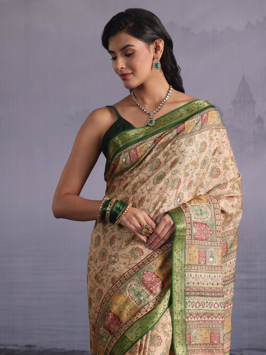  Libas Beige Floral Printed Mirror Work Silk Blend Tassel Saree 